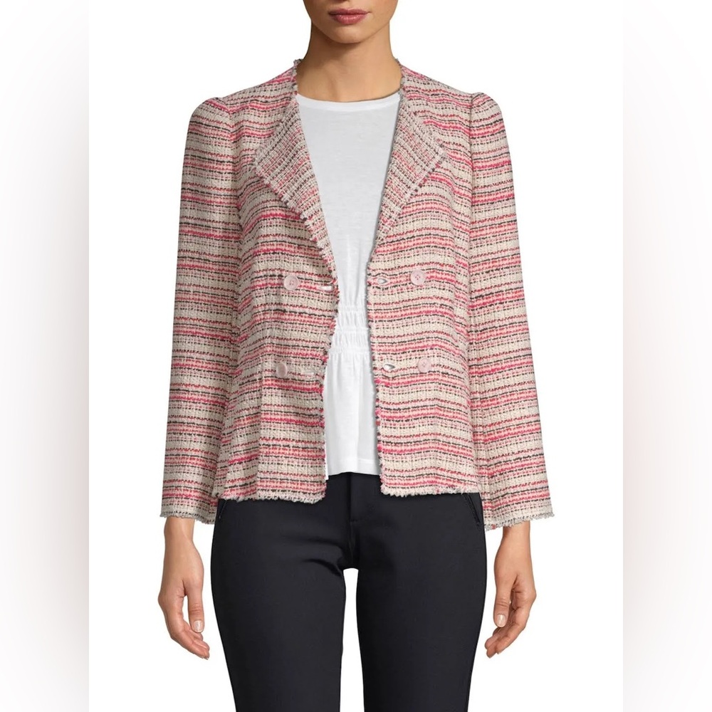 Rebecca Taylor Women's Pink And Cream Tweed Double Breasted Blazer Size 6‎
